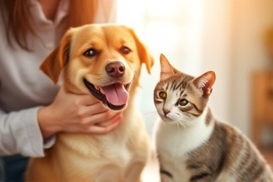 Happy pets with owner, symbolizing medical cost relief.