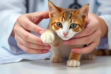 Veterinarian examining pet, with subtle hint of financial support.
