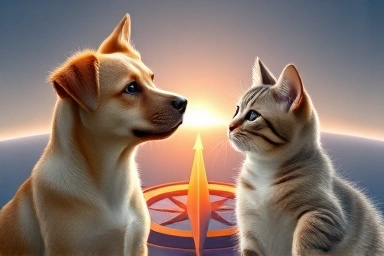Dog and cat looking towards a compass for overseas relocation.