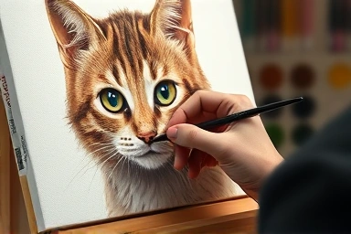 Artist painting detailed cat portrait with brushes