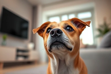 Dog looking at home security camera for separation anxiety