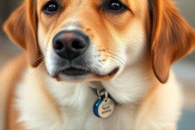 Dog wearing a personalized engraved pet ID tag, symbol of safety