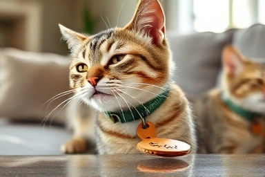 Cat with a custom engraved leather pet ID tag, representing comfort and style