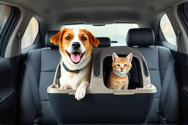 Pet taxi service with happy dog and cat inside.
