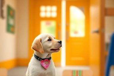 Happy puppy ready for daycare with name tag