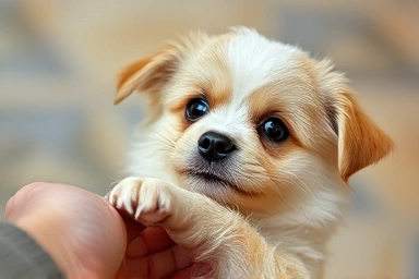 Puppy placing paw in human hand, showing connection.