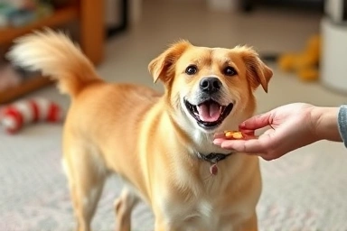 Happy dog receiving treat for training.