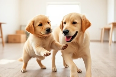 Happy puppy socializes with older dog in safe play area.