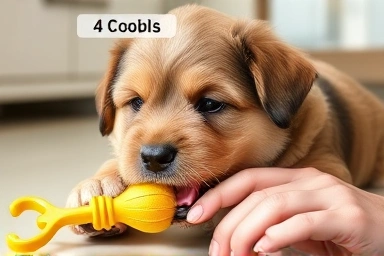 Puppy chewing on a teething toy, positive training.