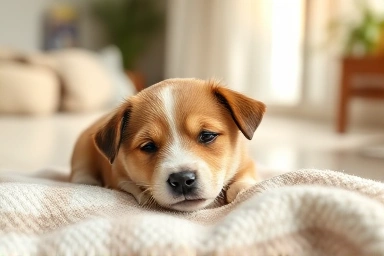 Healthy puppy resting after vaccination, cozy indoor environment.