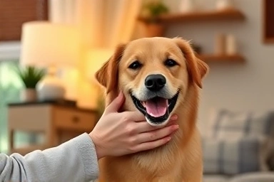 Person happily petting a dog, symbolizing responsible ownership