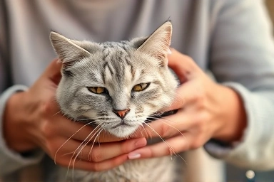 Owner lovingly petting senior cat