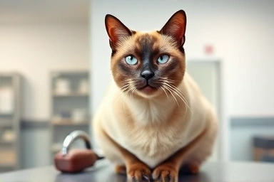 Wise senior cat on veterinary examination table.