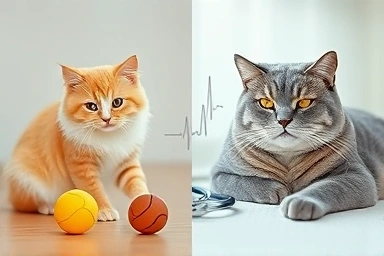 Healthy senior cat in contrast with a content older cat.