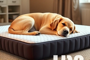 Elderly dog sleeping comfortably on a supportive orthopedic mattress.