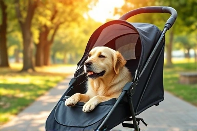 Elderly dog enjoying a comfortable ride in a modern stroller.