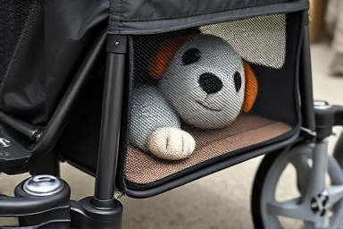 Close-up of dog stroller features: suspension, mesh, comfort.