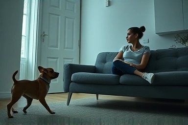 Woman worried about dog's separation anxiety at home.