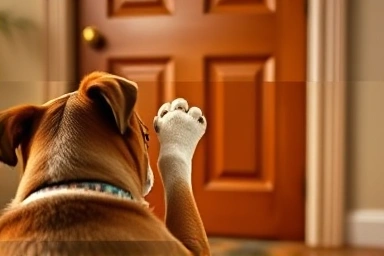 Dog's paw reaching for a closed door, symbolizing separation anxiety.