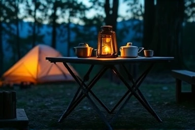 Height-adjustable camping table in a cozy campsite setting.