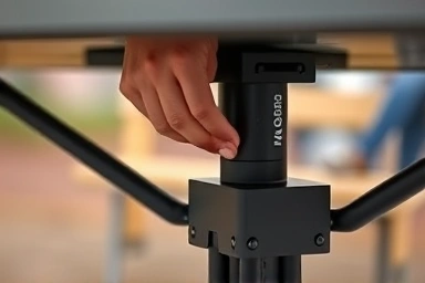 Close-up of hand adjusting camping table height mechanism.