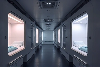 Modern airport capsule hotel interior at night