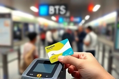 Tapping a transit card at a Bangkok BTS station gate