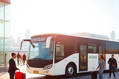 Barcelona airport bus terminal with travelers and Aerobus