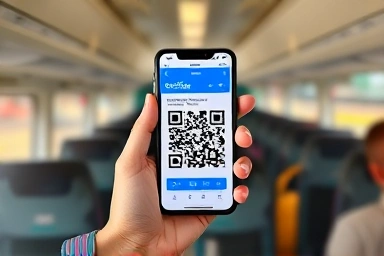 Traveler using mobile ticket for Barcelona airport bus