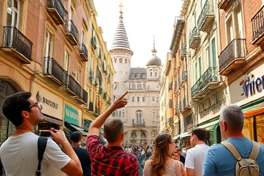 Travelers marveling at Barcelona's Gaudi architecture on a sunny day.