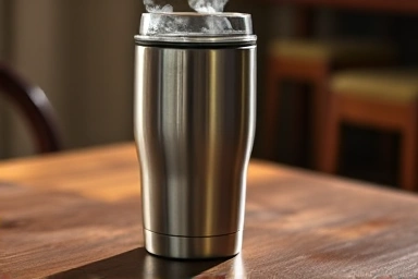 High-quality insulated tumbler steaming with warmth.