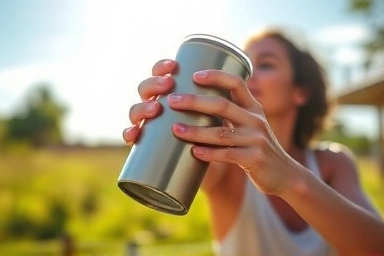 Person enjoying a cold drink from a tumbler outdoors.