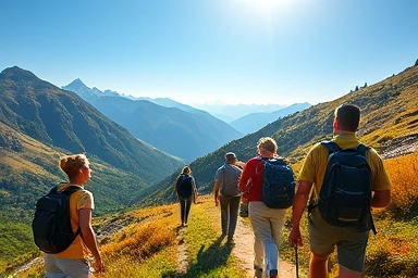 Hikers enjoying a scenic mountain trail on a sunny day.