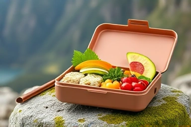 Homemade packed lunchbox for a day hike, surrounded by nature.