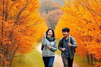 Family hiking amidst autumn scenery