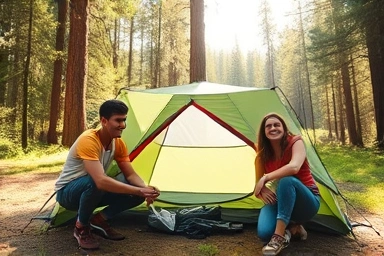 Friends enjoying a camping trip in a forest.
