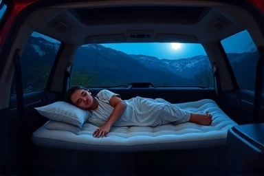 Cozy car camping air mattress setup under moonlight