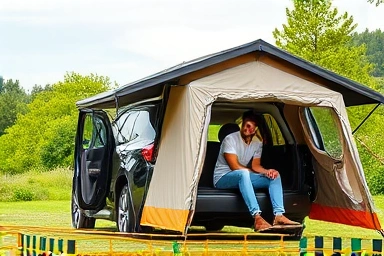 Couple easily setting up car camping docking tent connected to SUV.