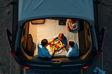 Family relaxing in spacious car camping docking tent with open car trunk.