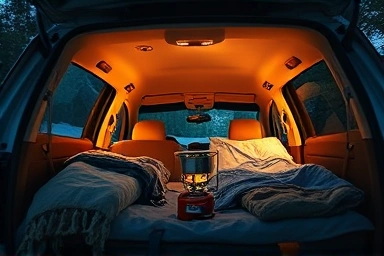 Cozy car camping interior with warm lighting and organized gear.