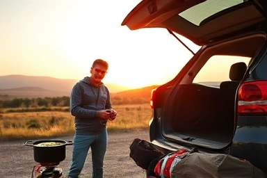 Person cooking in nature during car camping trip.