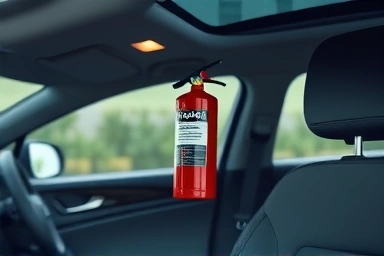 Car fire extinguisher securely mounted in a vehicle interior.