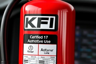 Close-up of a KFI certified ABC powder car fire extinguisher.