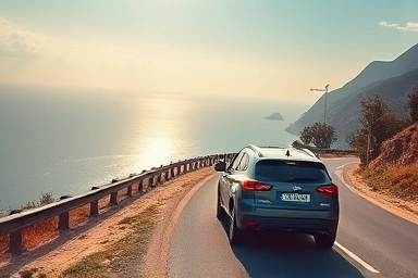 Car driving on scenic European coastal road, adventurous travel.