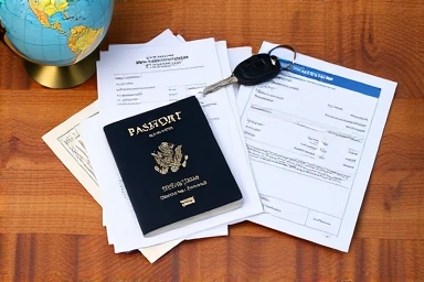 Car travel documents, passport, car key, preparation for trip.