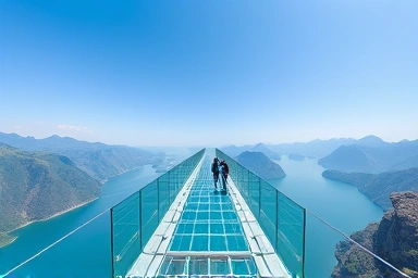 Soyanggang Skywalk, Chuncheon, transparent glass bridge, river view, mountains
