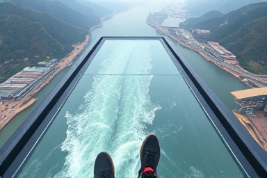 Soyanggang Skywalk floor view, looking down, river water, thrilling height