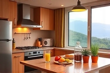 Cozy condo kitchen with fresh ingredients and natural view.