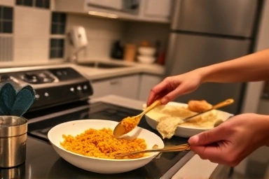 Hands preparing a meal in a warm, inviting condo kitchen.