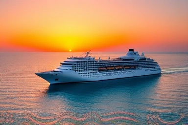 Luxurious cruise ship sailing at sunset on a calm ocean.